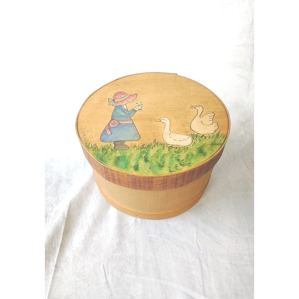 Vintage Hand Painted Wooden Cheese Box  Geese Farmhouse bonnet Country
